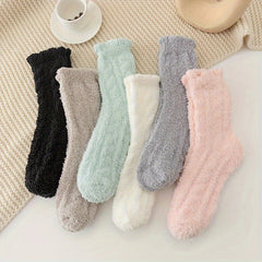 6 Pairs Solid Fuzzy Socks Comfy & Warm Mid Tube Women's Stockings