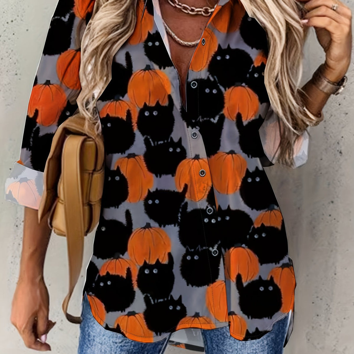  Halloween Blouse Women's Cat & Pumpkin Print Button Up