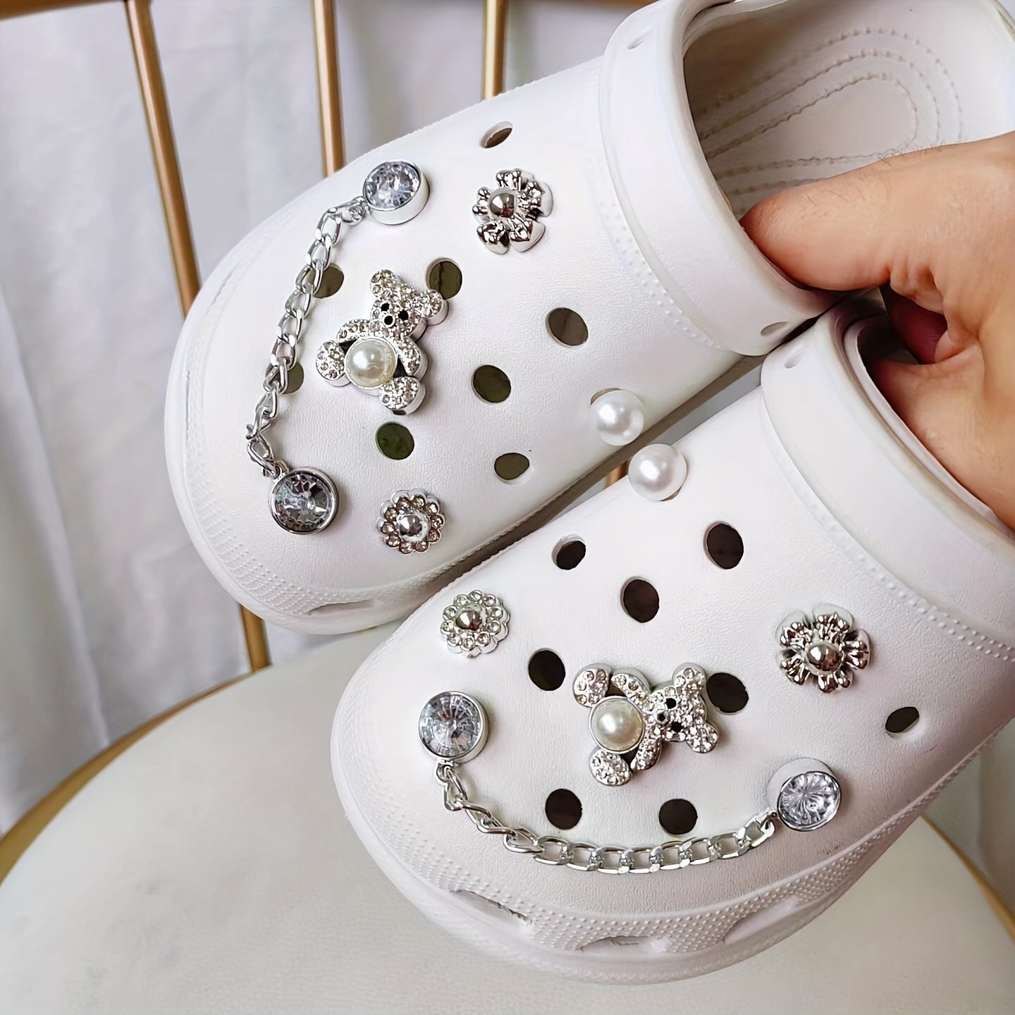 12pcs Shoe Charms Set with Pearls and Accessories for Women's Cross Hole Shoes