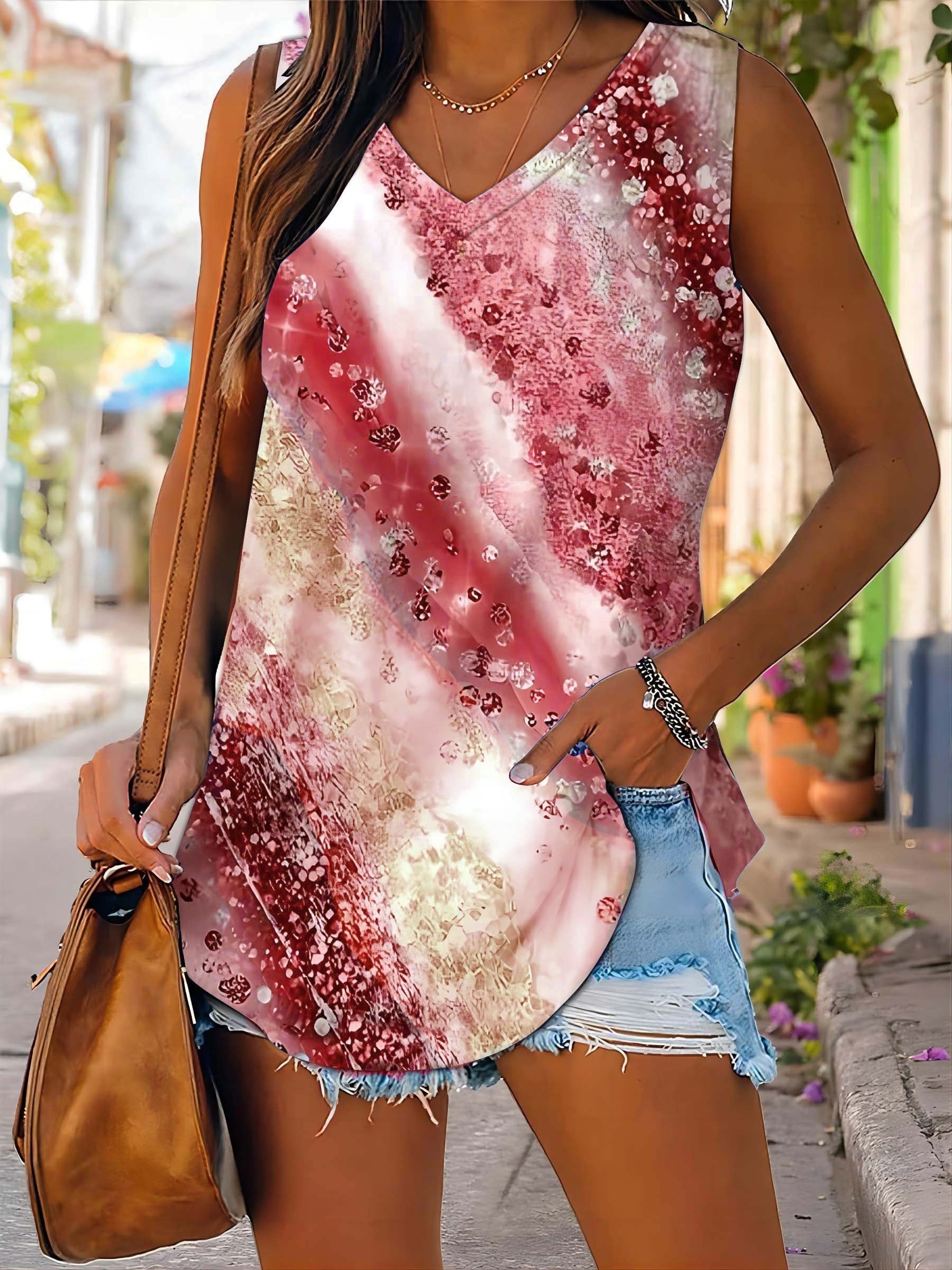  Colorblock Stripe Print V Neck Tank Top