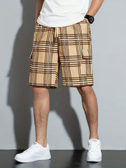 Plaid Drawstring Cargo Shorts with Pockets for Men
