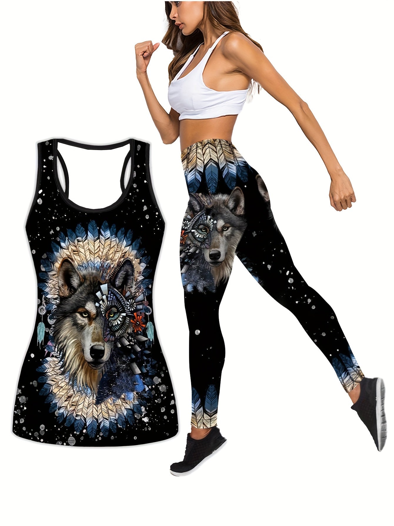  Wolf Print Tank Top & Leggings Yoga Outfits Set