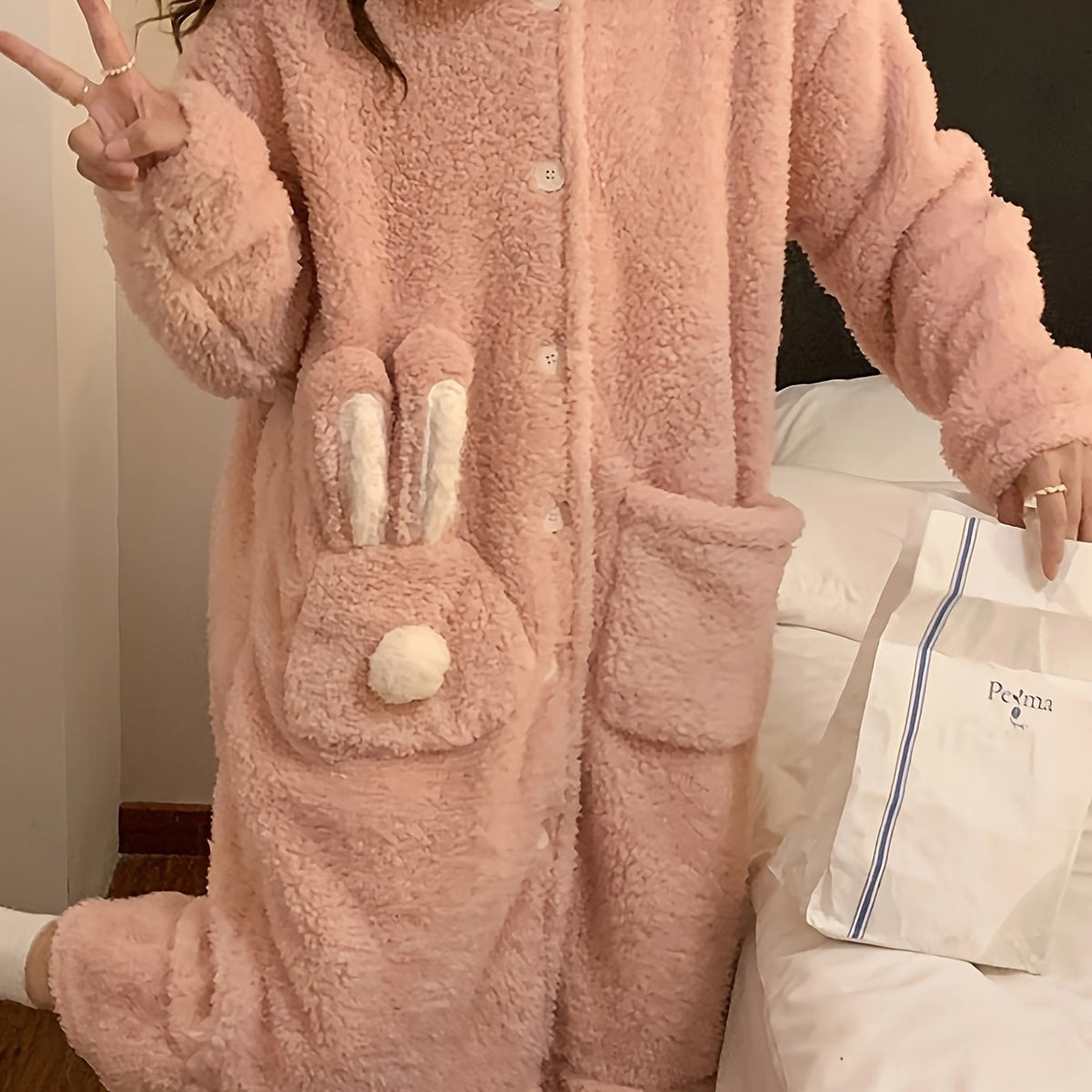 Bunny Fuzzy Night Robe Long Sleeve Ruffle Robe With Pockets