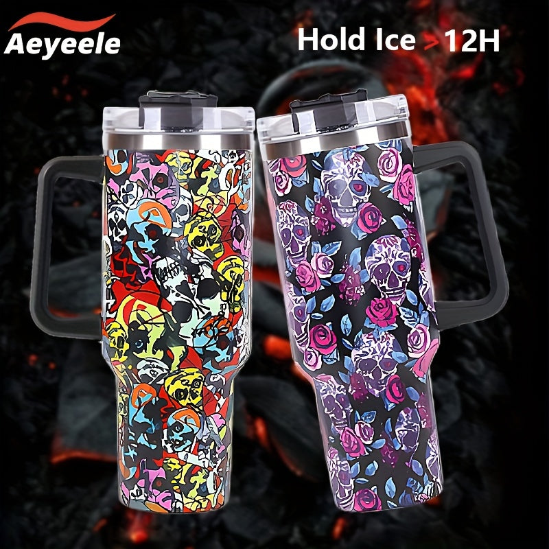 Aeyeele 40oz Skull Series Water Bottle Tumbler With Lid And Straw