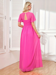 Solid V Neck Bridesmaid Dress Short Sleeve Maxi Wedding Party Dress