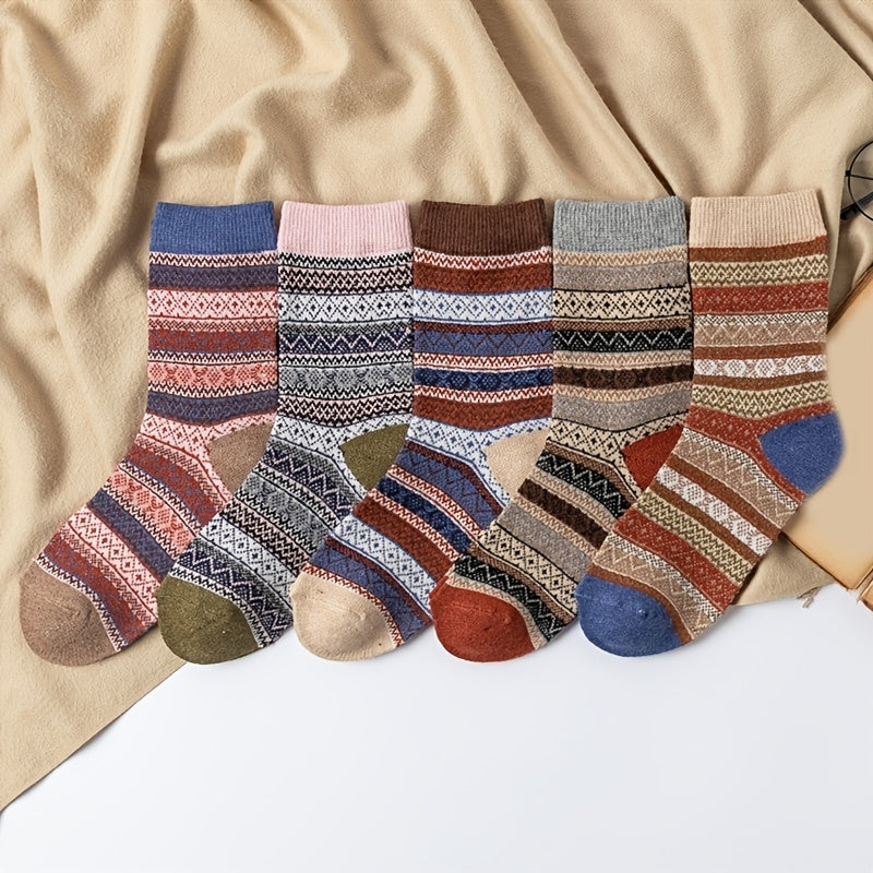 5 Pairs Women's Ethnic Style Curry Striped Thick Warm Socks
