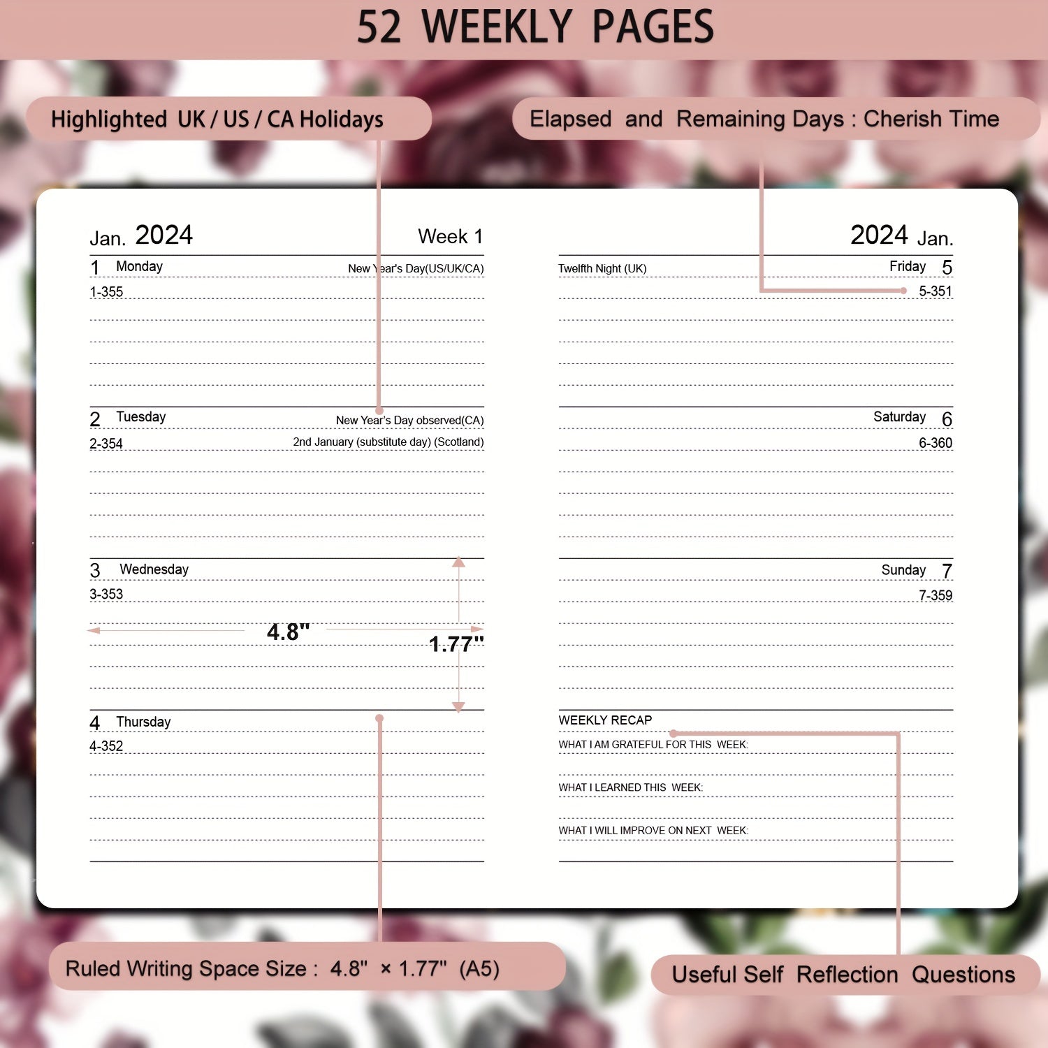 A5 Week To View Diary Jan-Dec Faux Leather Hard Cover