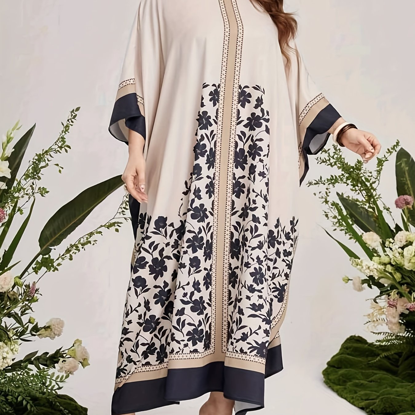  Floral Print Abaya Dress Women's Round Neck Batwing Sleeve