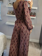  Stripe Print Lantern Sleeve V Neck Jumpsuit
