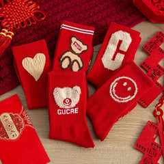 5 Pairs Red Crew Socks Lightweight & Comfy Women's Stockings