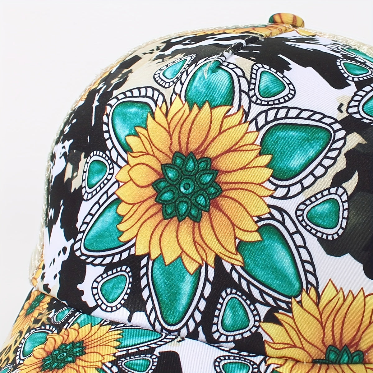 Sunflower Print Ponytail Trucker Hat Adjustable Baseball Cap Mesh Breathable Sun