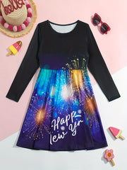 Girls Casual Firework Graphic Long Sleeve Dress