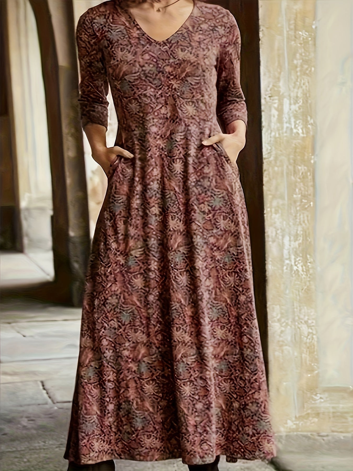  Allover Print Long Sleeve V Neck Maxi Dress