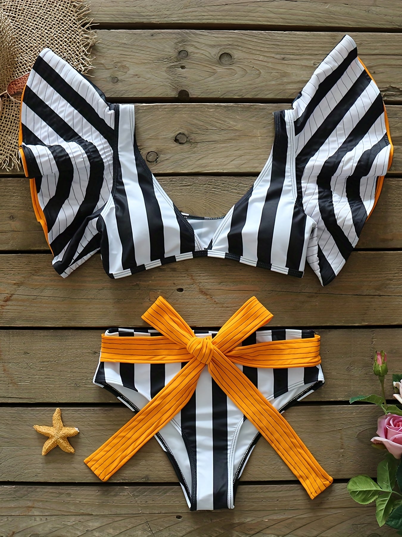 Stripes Print Tie Belt High Waist 2 piece Set Bikini Ruffle V Neck Swimsuit