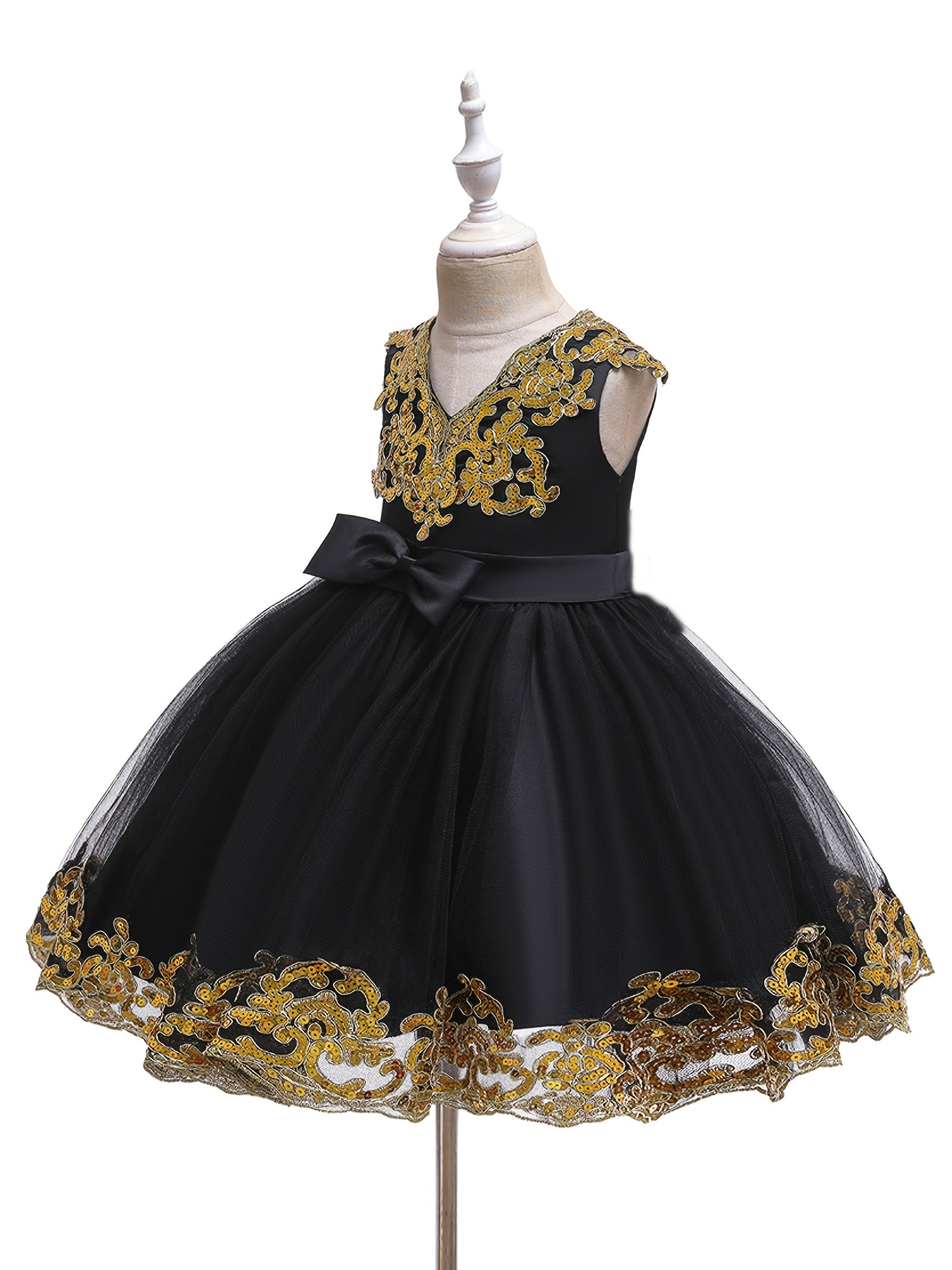 Girls Sequin Embroidery Mesh Princess Dress for Piano Performance Wedding