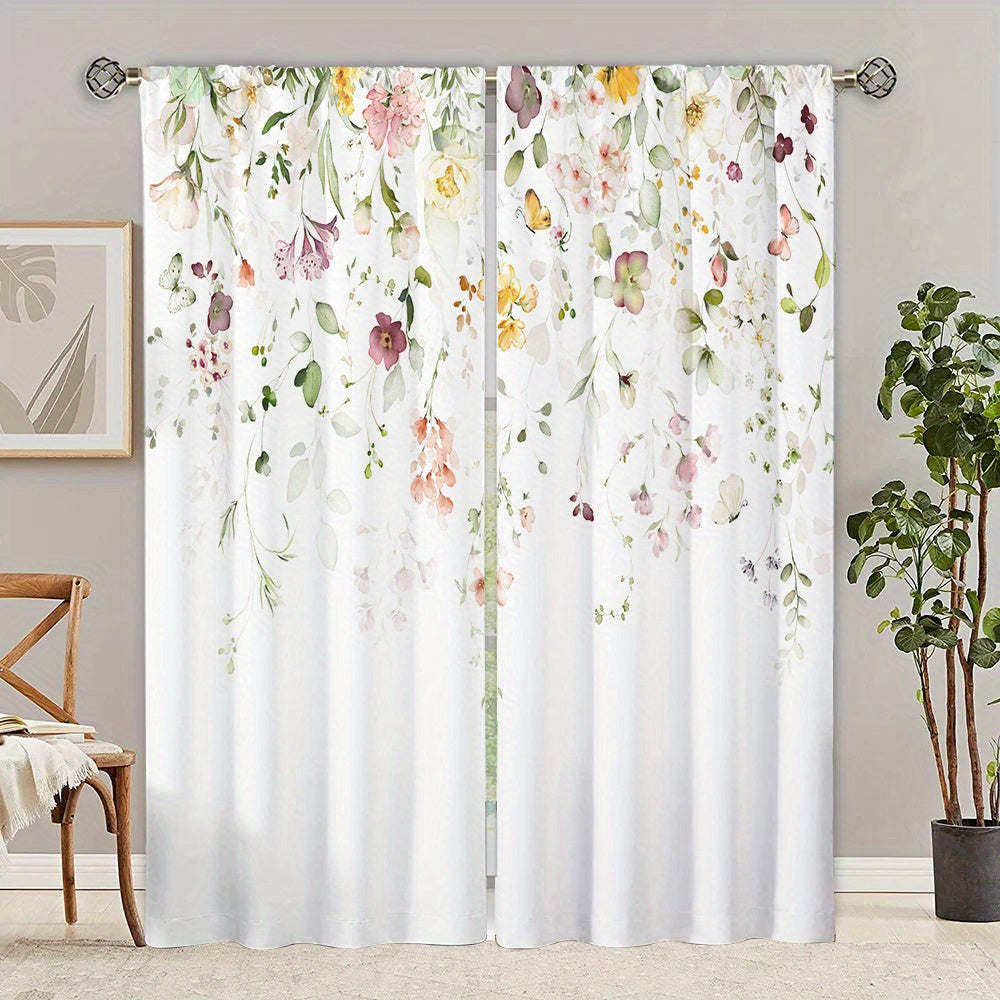 2 Panels Flower Pattern Window Curtains, Rod Pocket Drapes for Home Decor