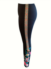  Retro Leggings Women's Plus Floral & Geometric Print Elastic High Rise