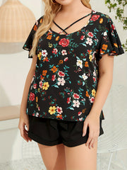  Floral Print Criss Cross Flutter Sleeve Top