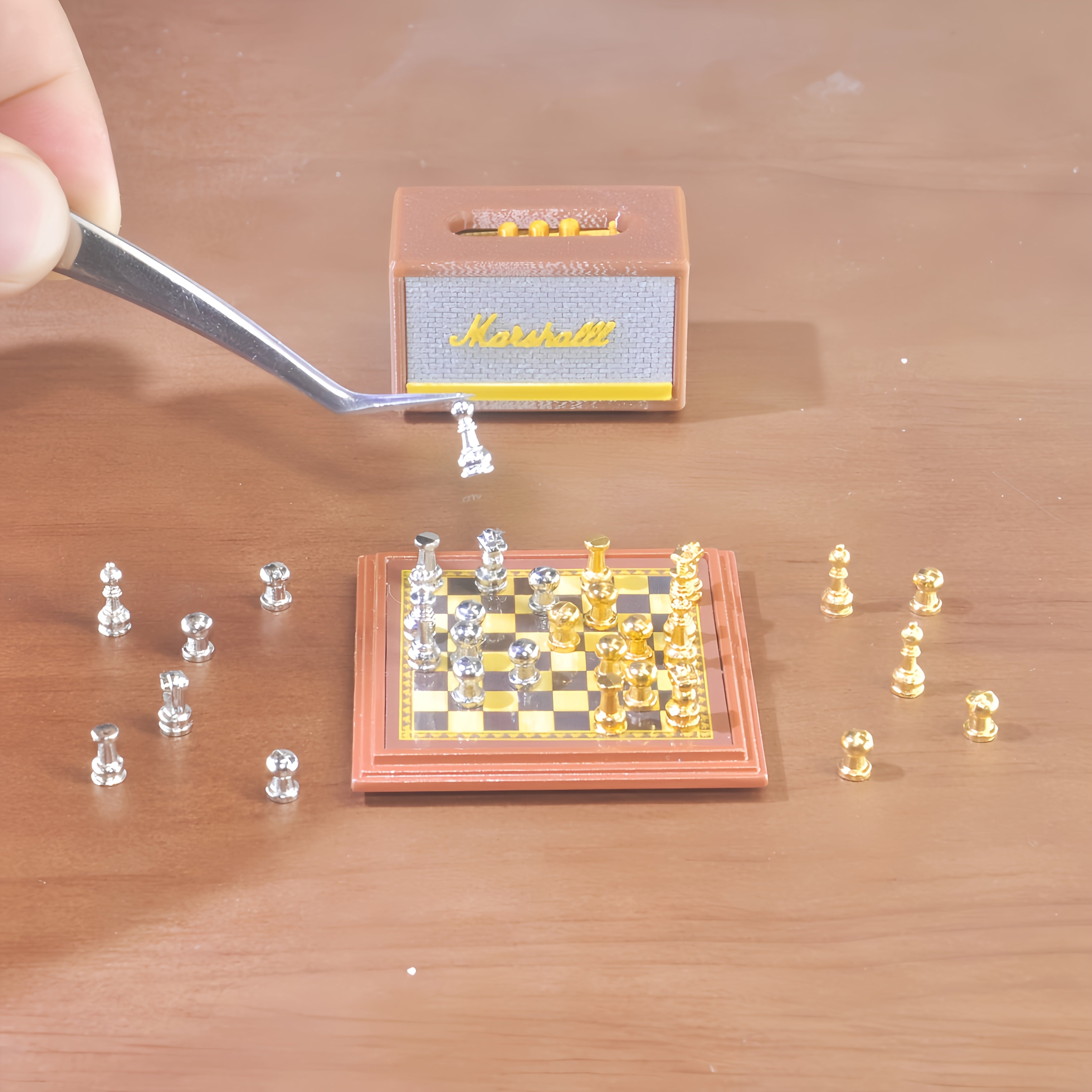 Mini Retro Speaker & Magnetic Chess Set 1/6 Scale - Gift & Dollhouse Accessory
