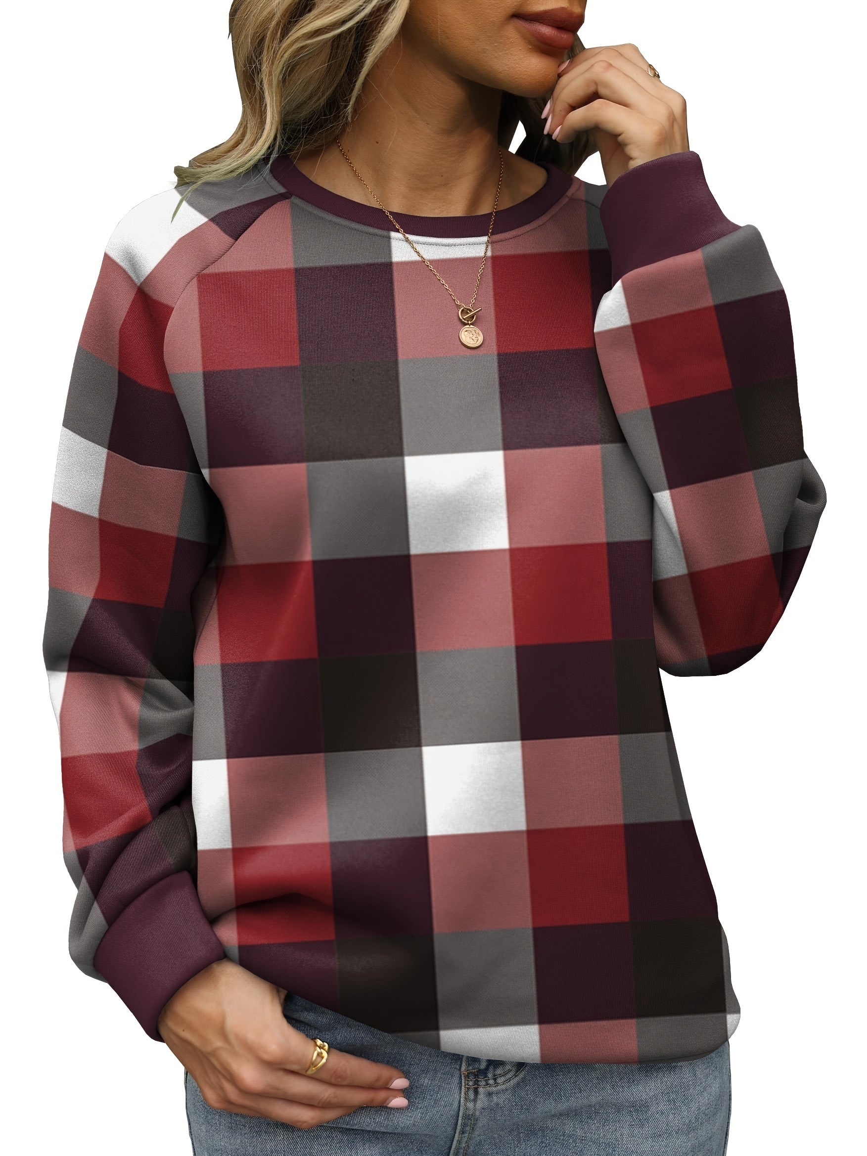 Plaid Pattern Crew Neck Sweatshirt for Women