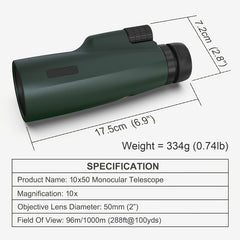 10x50 Monocular Telescope - High Definition Optics - Manual Focus