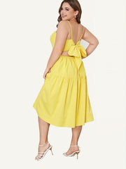  Solid Square Neck Bow Knot Back Midi Dress