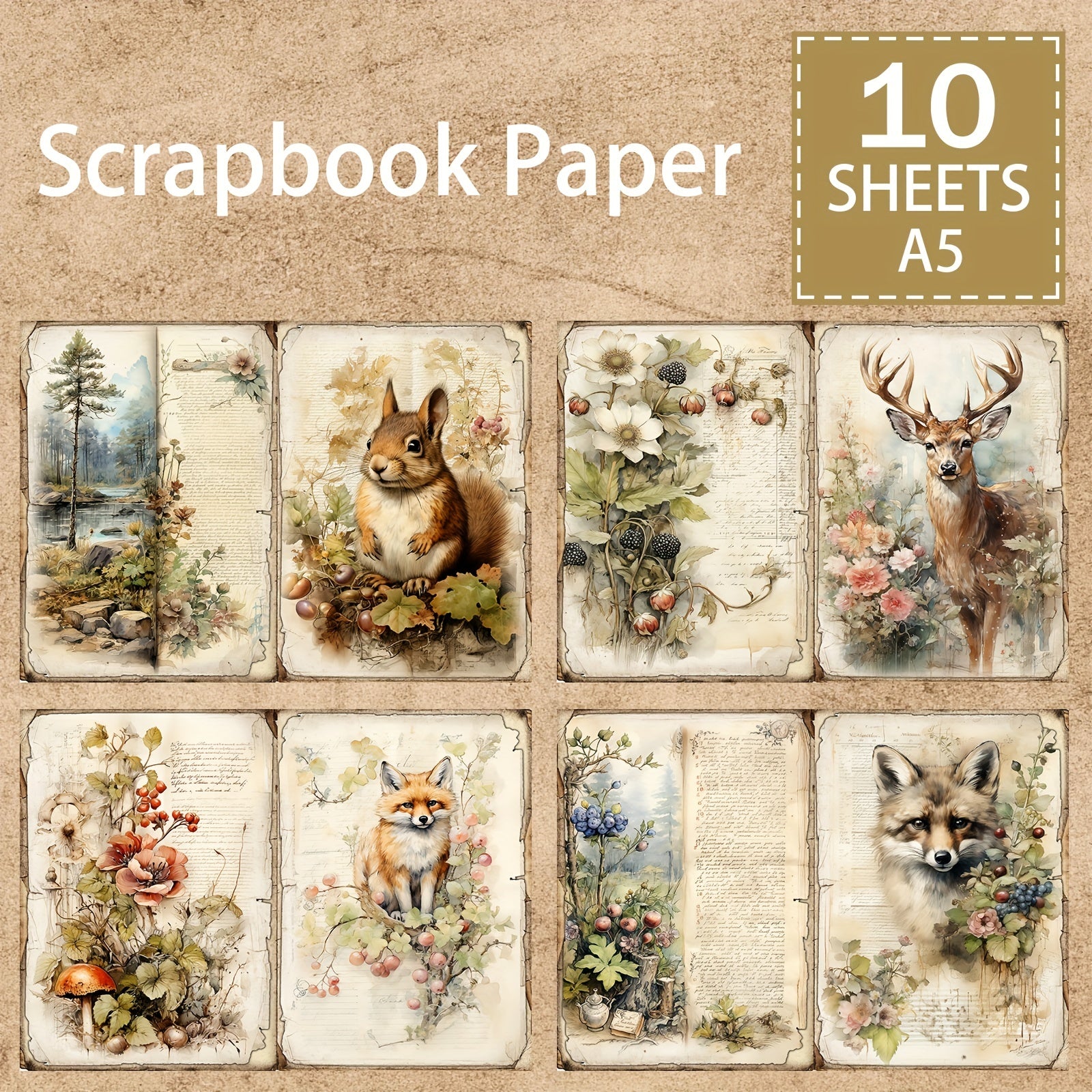 10sheets A5 Animal Squirrel Elk Forest Flower Grass DIY Tool Retro Jo