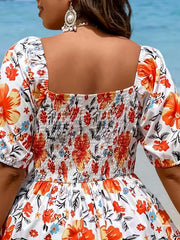  Floral Print Tie Front Puff Sleeve Square Neck Split Mini Dress