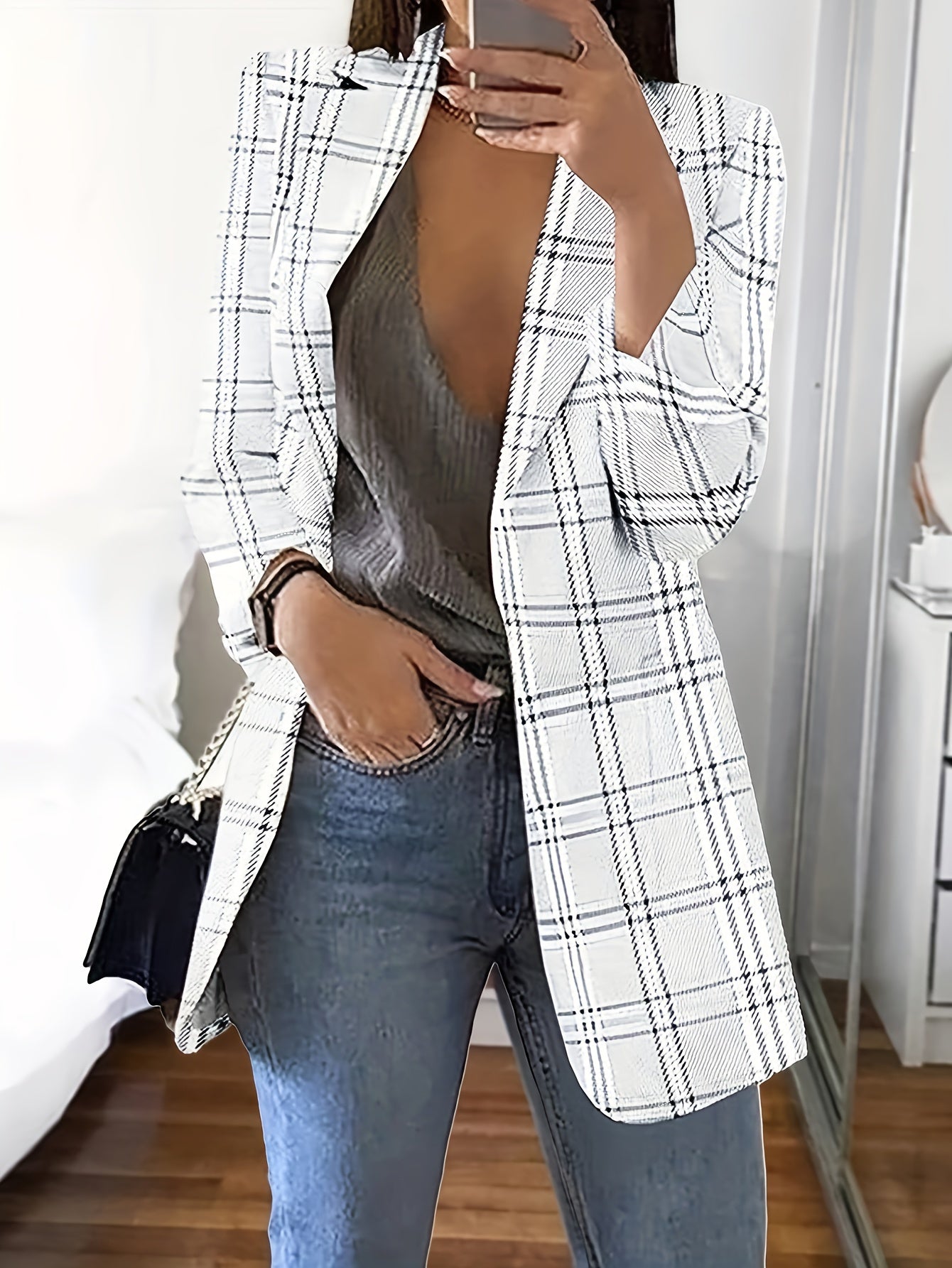  Plaid Print Long Sleeve Blazer