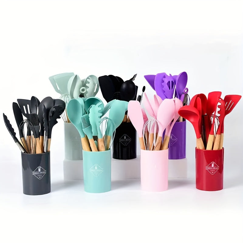 12pcs Silicone Kitchen Utensil Set with Wooden Handle