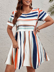  Colorblock Stripe Print Short Sleeve Round Neck Mini Dress