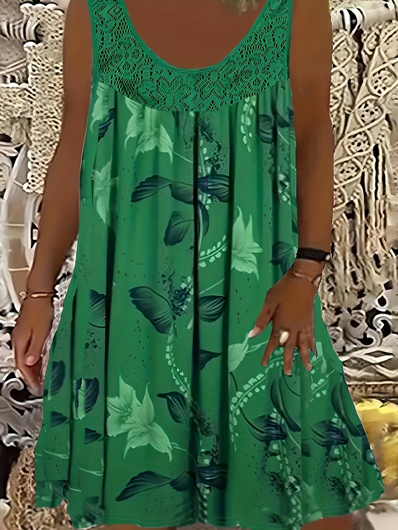  Casual Tank Dress Women's Plus Leaf Print Contrast Lace Round Neck