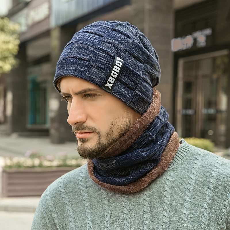 Men's Winter Plush Knitted Beanie Set