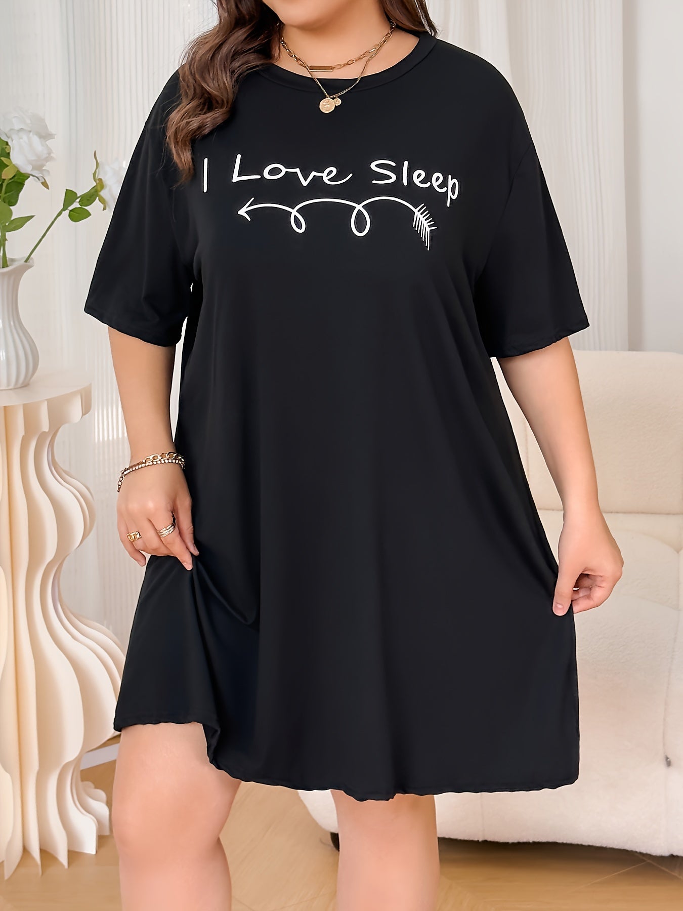  Letter Graphic Nightdress Short Sleeve Sleep Dress