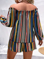  Colorful Stripe Print Ruffle Trim Top & Shorts Set