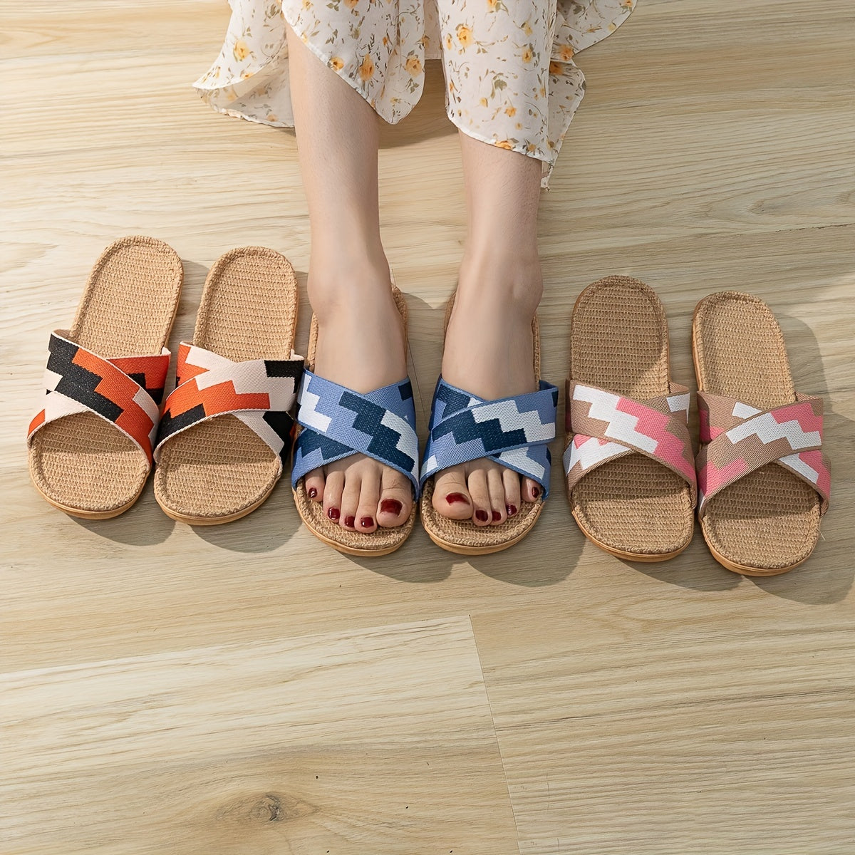 Crisscross Strap Linen Slides Colorblock Open Toe Slip On Flat Shoes