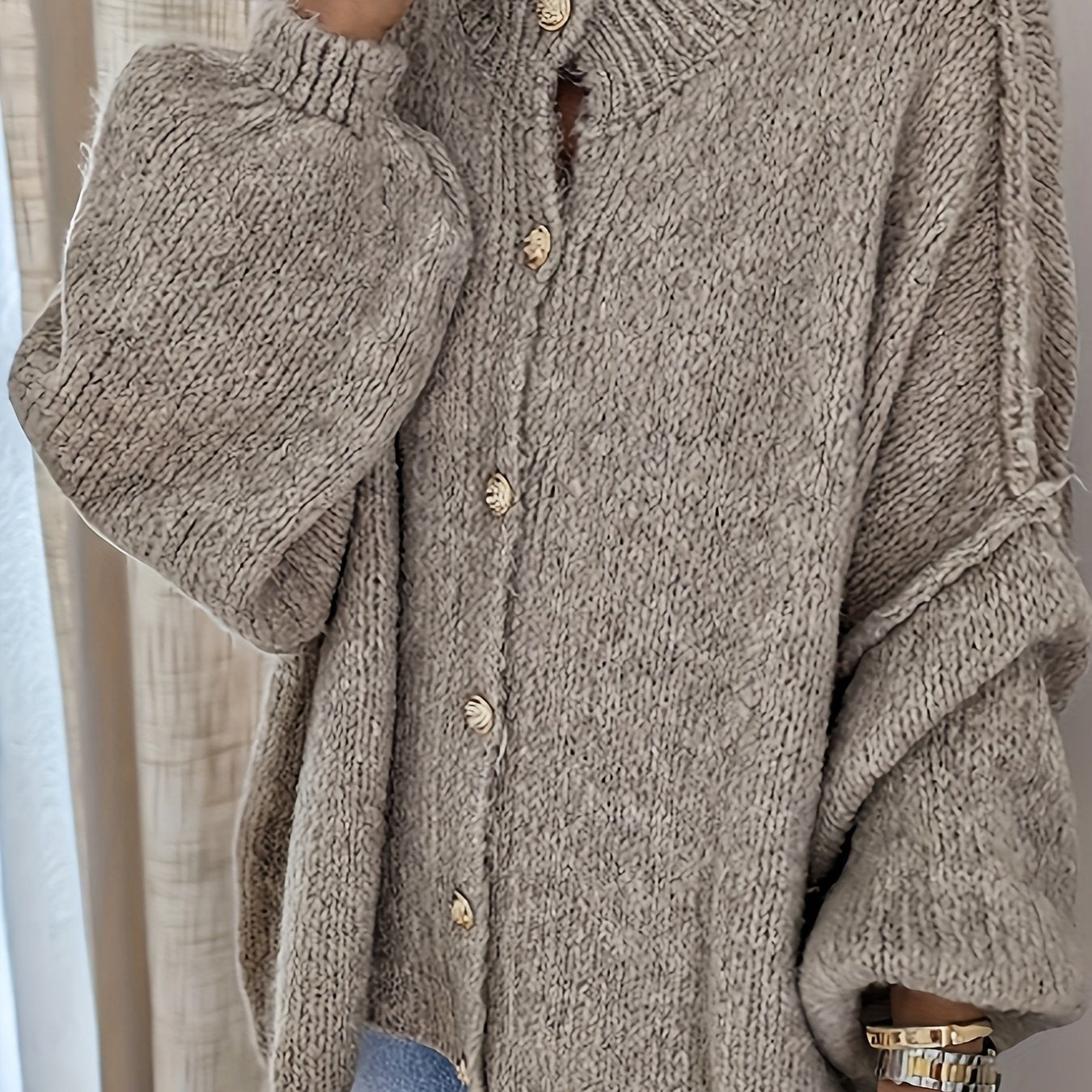  Solid Lantern Sleeve Button Up Stretch Cardigan