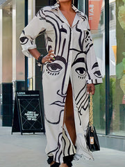  Women's Abstract Face Print Button Up Long Sleeve Collar Dress