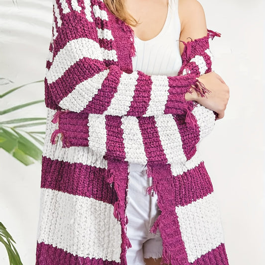  Colorblock Stripe Print Long Sleeve Open Front Fringe Trim Cardigan