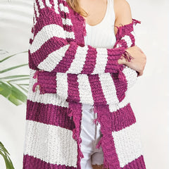  Colorblock Stripe Print Long Sleeve Open Front Fringe Trim Cardigan