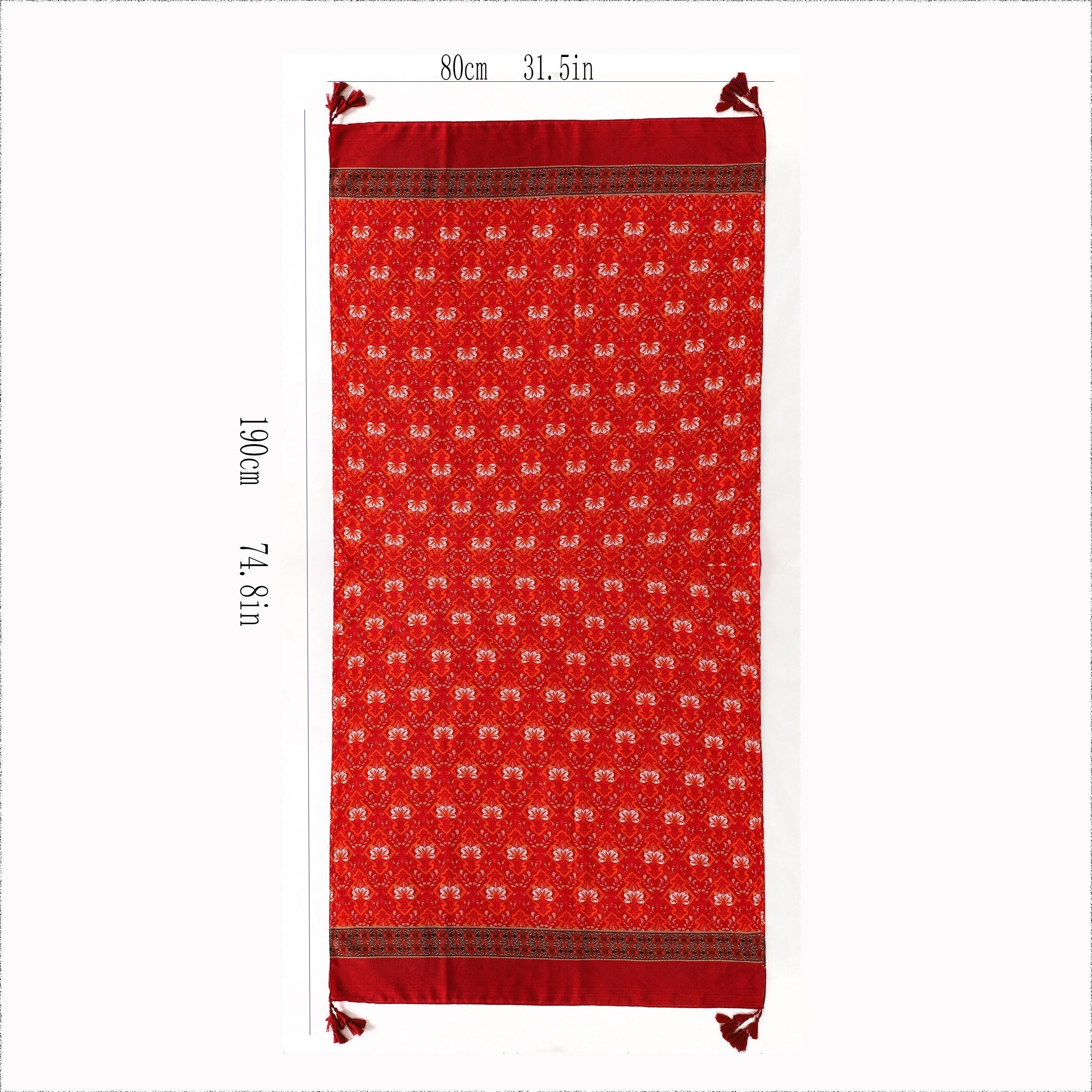 Red Boho Tassel Scarf Vintage Flower Print Shawl Classic Windproof Head Wraps