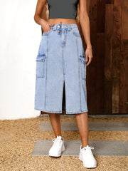 Cargo Denim Skirt with Split Flap Pocket