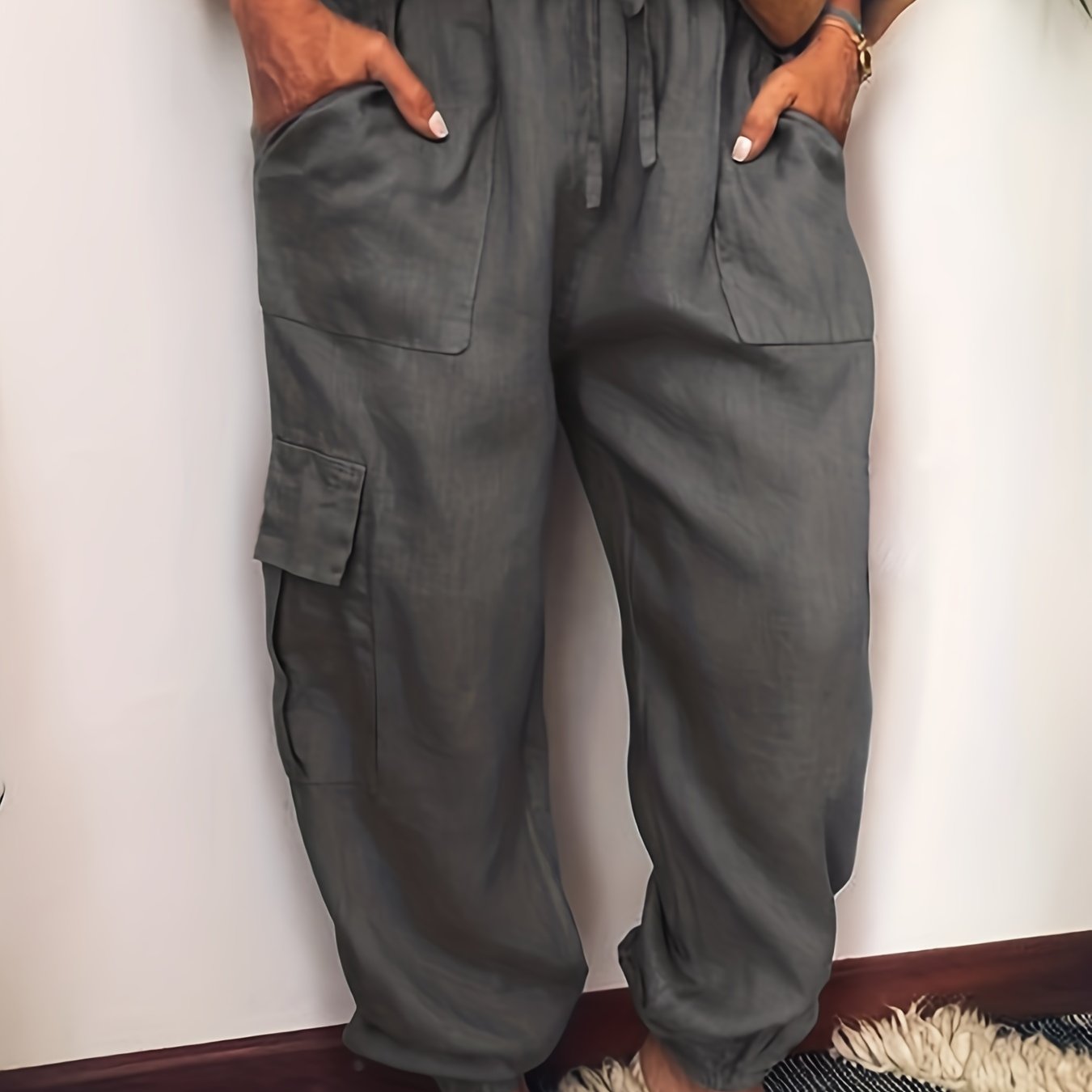  Solid Elastic Drawstring High Rise Tapered Leg Pants