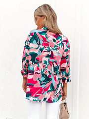  Colorblock Allover Print Button Up Blouse