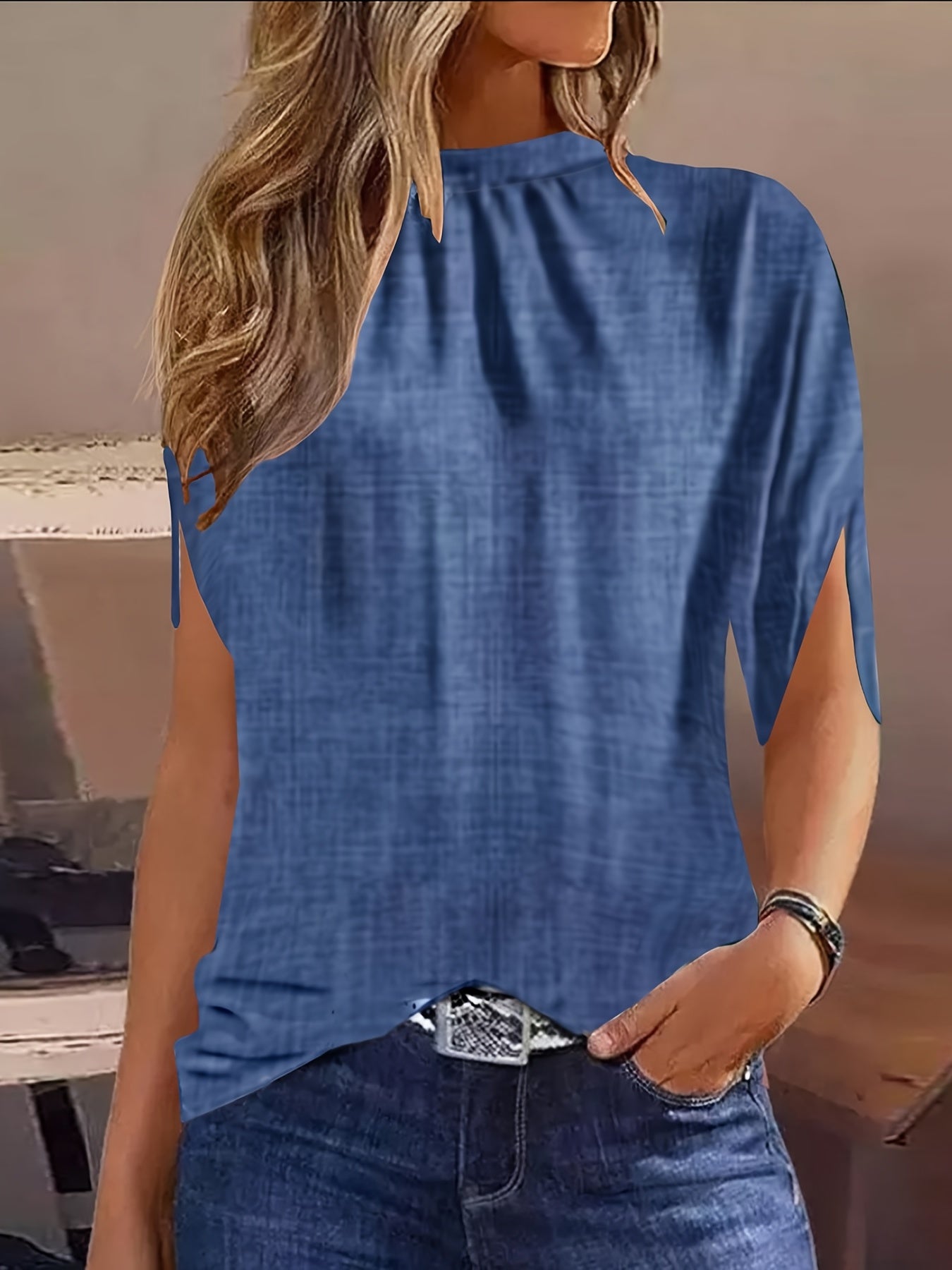  Floral Print Mock Neck Blouse
