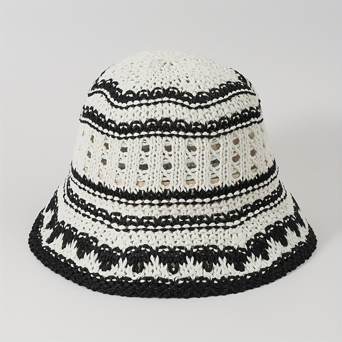Striped Crochet Bucket Hat Hollow Straw Sun Hat Lightweight Casual Cloche Hat
