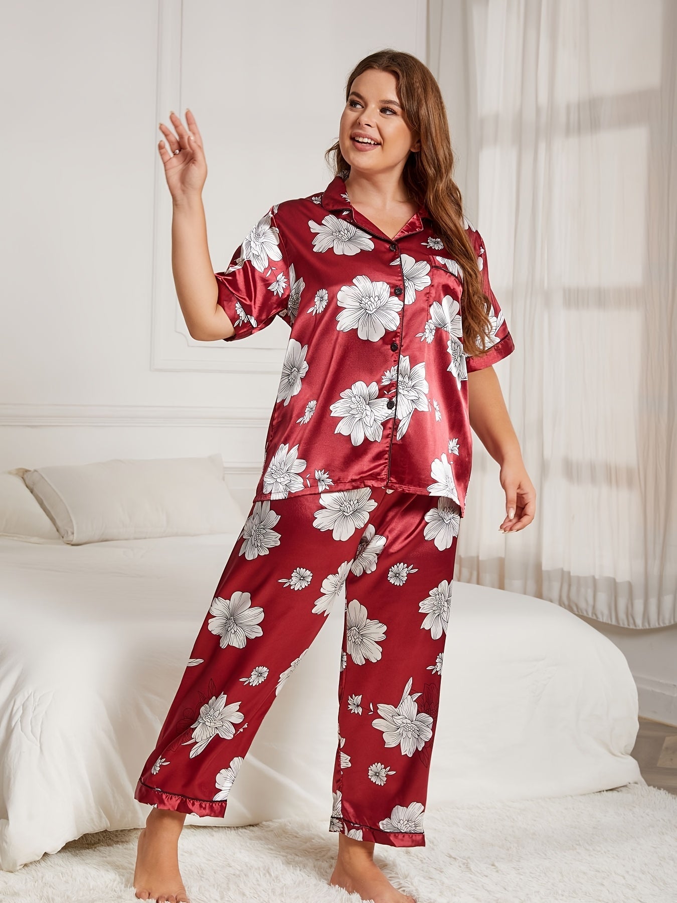  Floral Print Satin Pajamas Set Button Up Lounge Two Piece Set