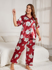  Floral Print Satin Pajamas Set Button Up Lounge Two Piece Set