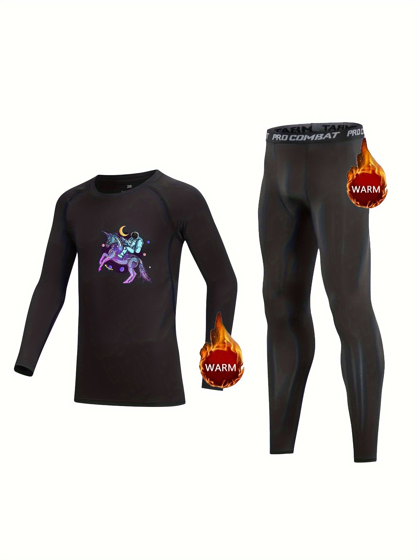 Kids Compression Fleece Sets Astronaut Pattern Pullover Matching Pants
