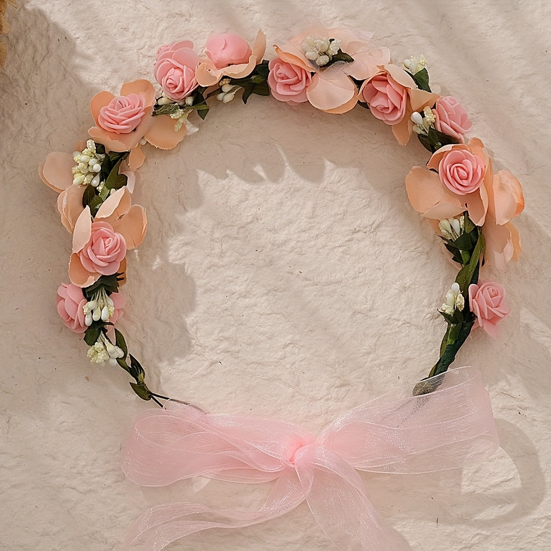 MIALLO Floral Headband Soft Fabric Flower Crown with Pink & Brown Blooms